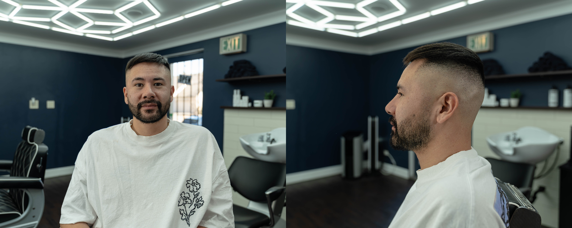 Mens skin fade haircut front and side view at Cherry Barbers top rated barbershop Cherry Creek Denver Colorado