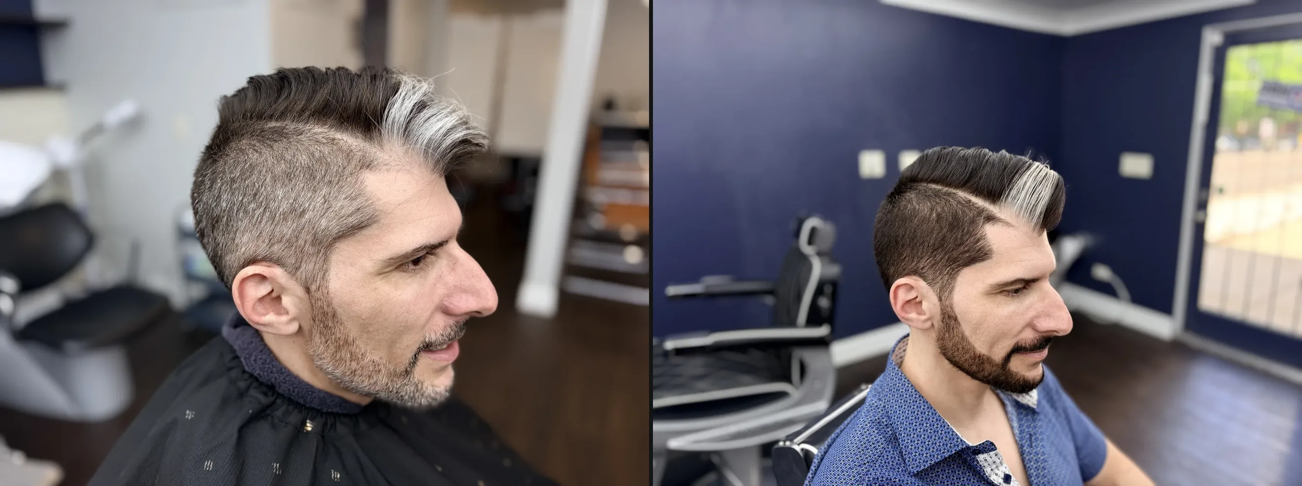 Men's hair and beard color before and after transformation at Cherry Barbers Cherry Creek Denver