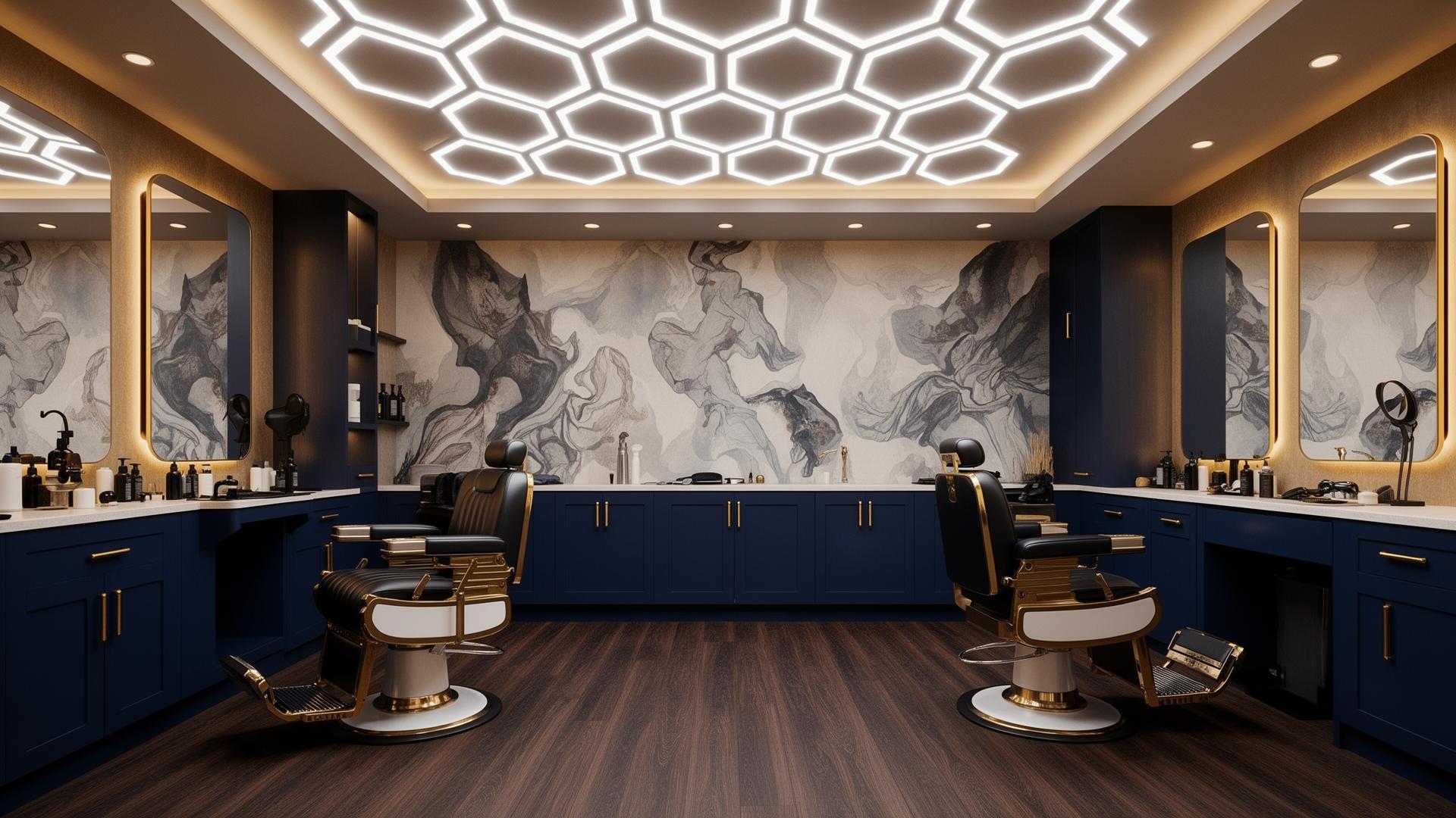Cherry Barbers modern barbershop interior with LED honeycomb ceiling and luxury barber chairs in Cherry Creek Denver Colorado
